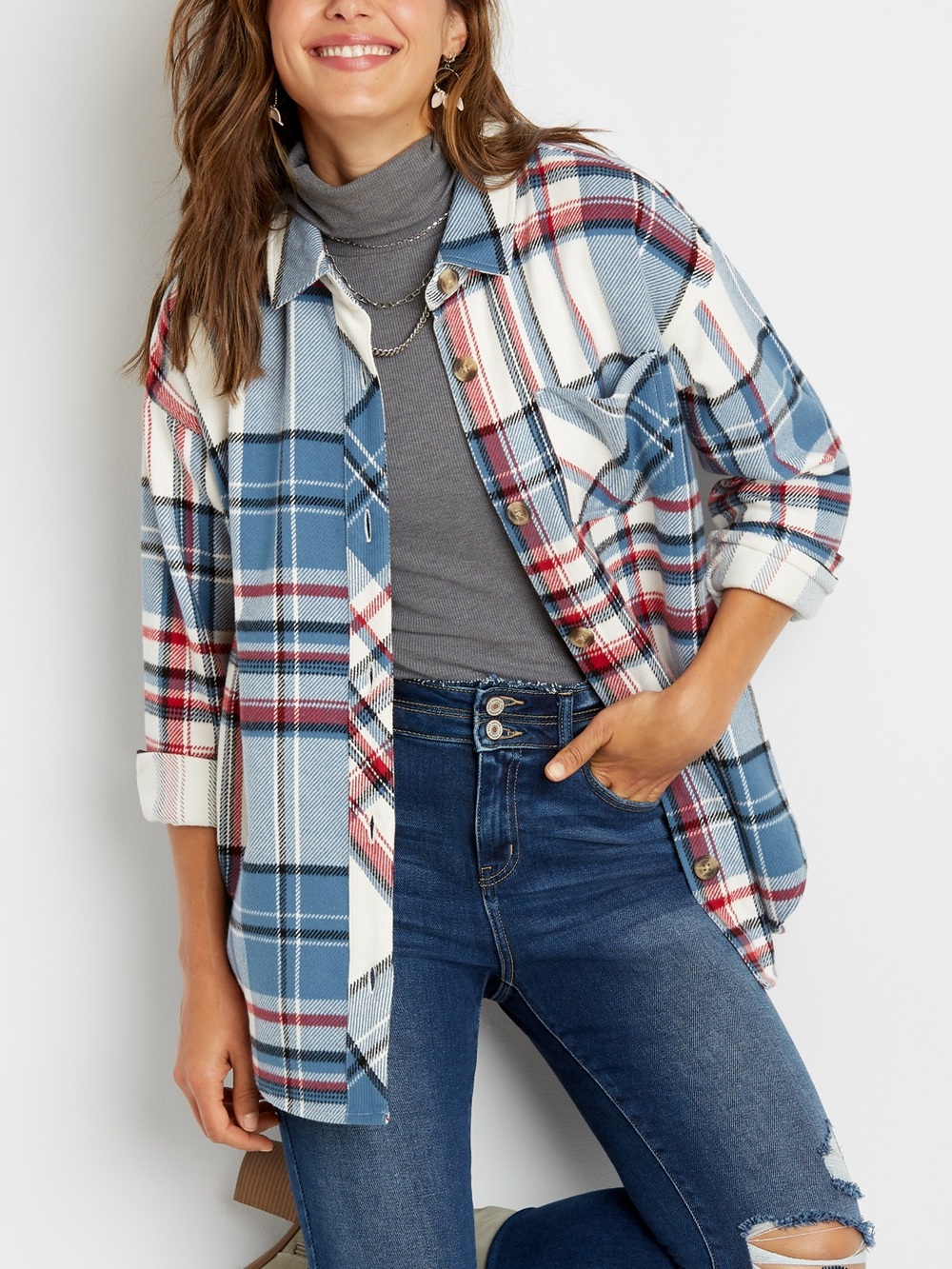 Maurices White Plaid Oversized Shacket